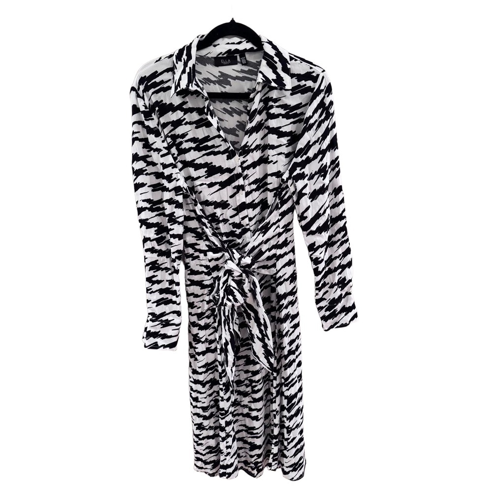 Ella Rafaella Black White Print Long Sleeve‎ Tie Waist Shirt Dress Medium
